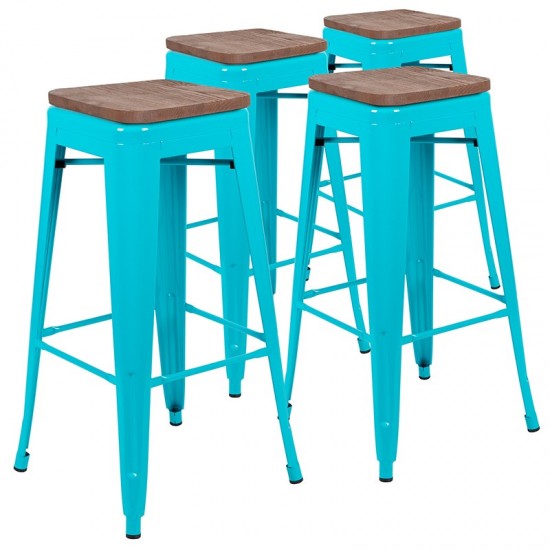 30" High Metal Indoor Bar Stool with Wood Seat in Teal - Stackable Set of 4