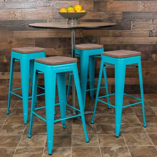 30" High Metal Indoor Bar Stool with Wood Seat in Teal - Stackable Set of 4