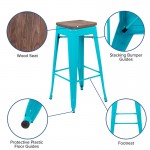 30" High Metal Indoor Bar Stool with Wood Seat in Teal - Stackable Set of 4