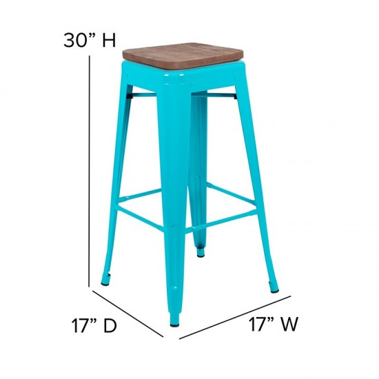 30" High Metal Indoor Bar Stool with Wood Seat in Teal - Stackable Set of 4