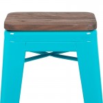 30" High Metal Indoor Bar Stool with Wood Seat in Teal - Stackable Set of 4