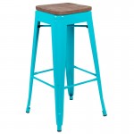 30" High Metal Indoor Bar Stool with Wood Seat in Teal - Stackable Set of 4