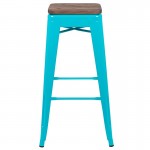 30" High Metal Indoor Bar Stool with Wood Seat in Teal - Stackable Set of 4