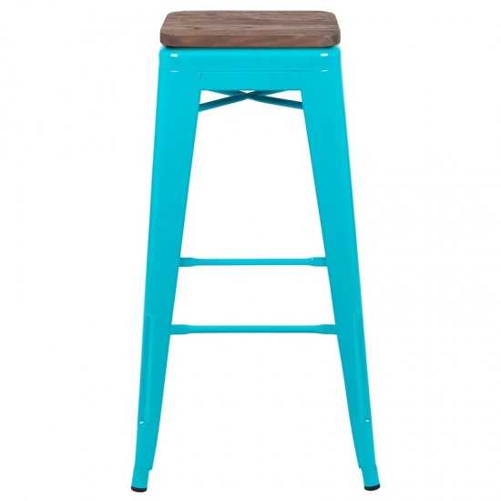 30" High Metal Indoor Bar Stool with Wood Seat in Teal - Stackable Set of 4