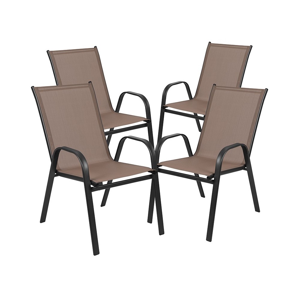 4 Pack Brazos Series Brown Outdoor Stack Chair with Flex Comfort Material and Metal Frame