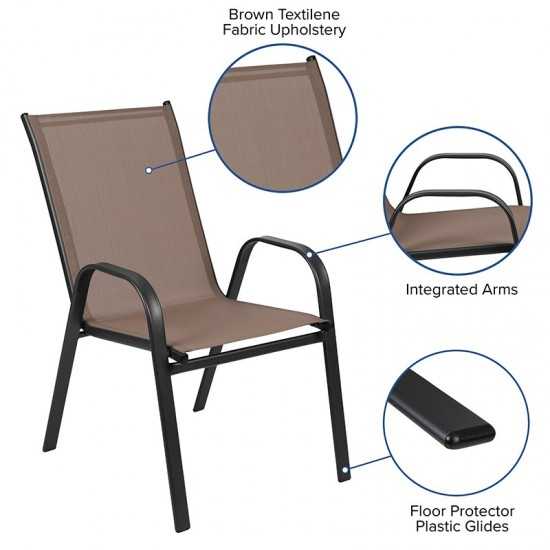 4 Pack Brazos Series Brown Outdoor Stack Chair with Flex Comfort Material and Metal Frame