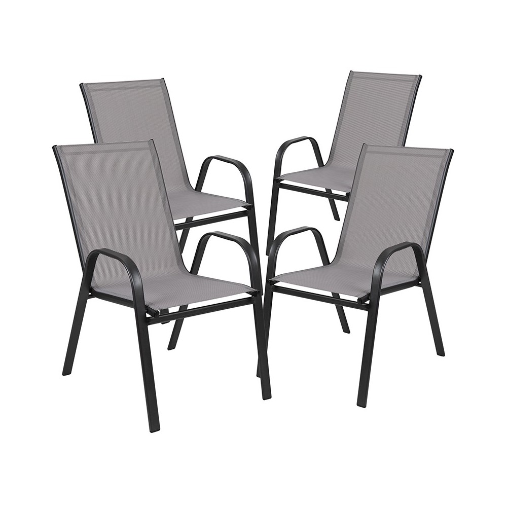 4 Pack Brazos Series Gray Outdoor Stack Chair with Flex Comfort Material and Metal Frame