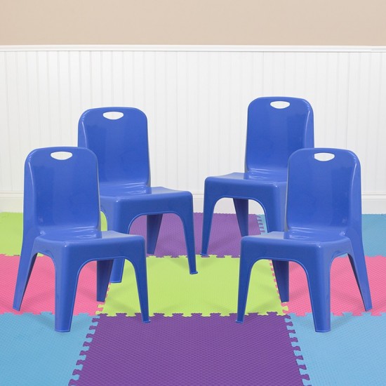 4 Pack Blue Plastic Stackable School Chair with Carrying Handle and 11'' Seat Height