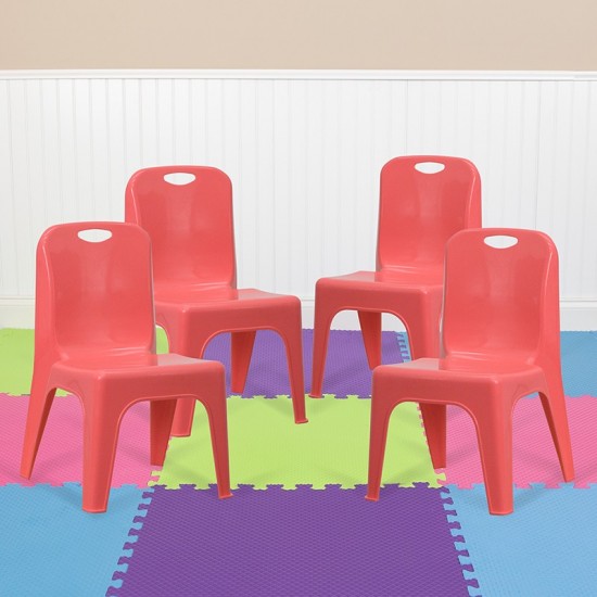 4 Pack Red Plastic Stackable School Chair with Carrying Handle and 11'' Seat Height