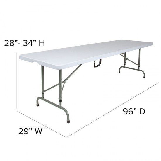 8-Foot Height Adjustable Bi-Fold Granite White Plastic Banquet and Event Folding Table with Carrying Handle