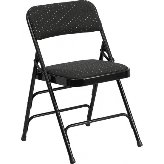 Curved Triple Braced & Double Hinged Black Patterned Fabric Metal Folding Chair