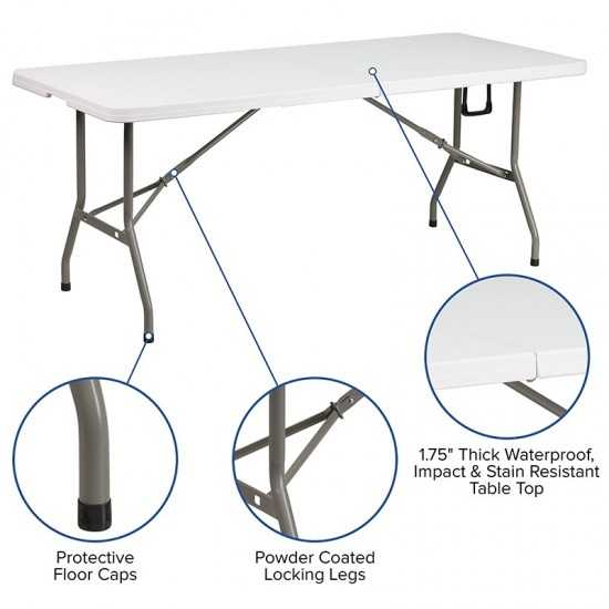 6-Foot Bi-Fold Granite White Plastic Banquet and Event Folding Table with Carrying Handle