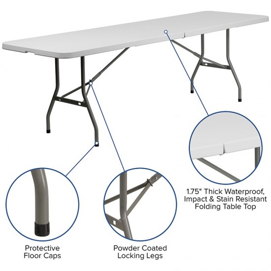 8-Foot Bi-Fold Granite White Plastic Banquet and Event Folding Table with Carrying Handle