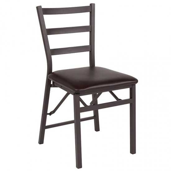 Brown Folding Ladder Back Metal Chair with Brown Vinyl Seat