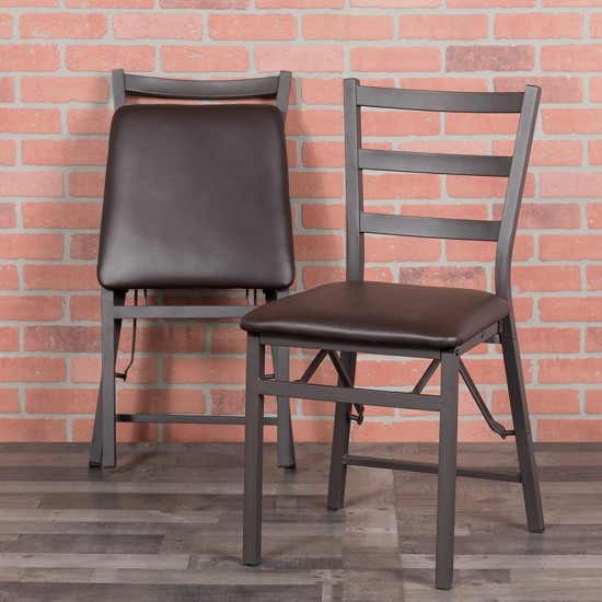 Brown Folding Ladder Back Metal Chair with Brown Vinyl Seat