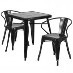 Commercial Grade 23.75" Square Black Metal Indoor-Outdoor Table Set with 2 Arm Chairs