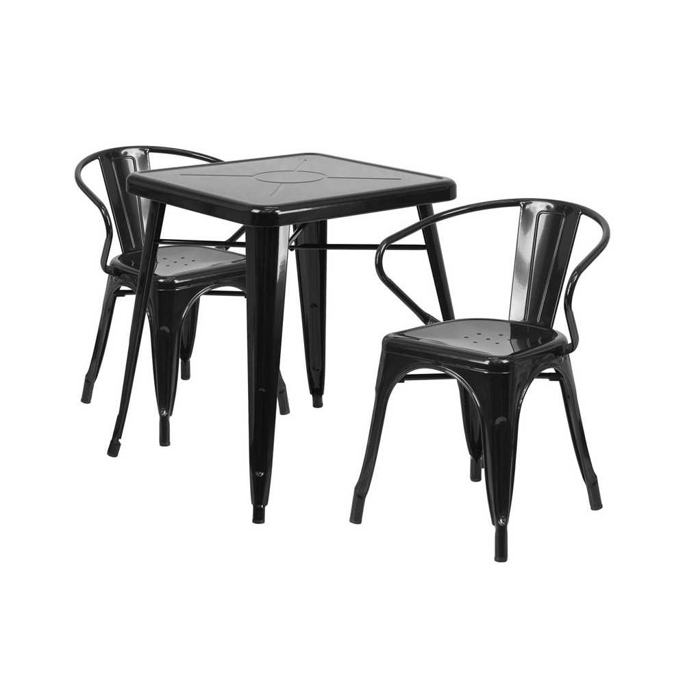 Commercial Grade 23.75" Square Black Metal Indoor-Outdoor Table Set with 2 Arm Chairs