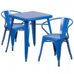 Commercial Grade 23.75" Square Blue Metal Indoor-Outdoor Table Set with 2 Arm Chairs