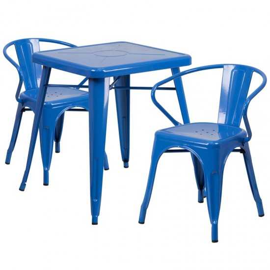 Commercial Grade 23.75" Square Blue Metal Indoor-Outdoor Table Set with 2 Arm Chairs