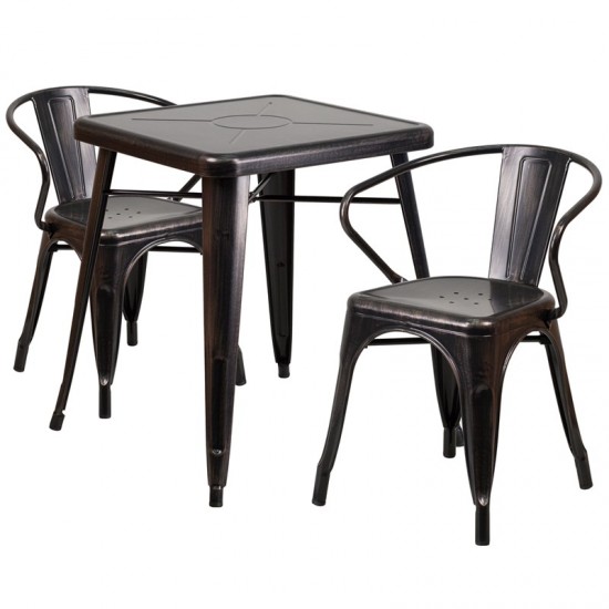 Commercial Grade 23.75" Square Black-Antique Gold Metal Indoor-Outdoor Table Set with 2 Arm Chairs