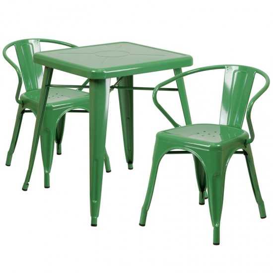 Commercial Grade 23.75" Square Green Metal Indoor-Outdoor Table Set with 2 Arm Chairs