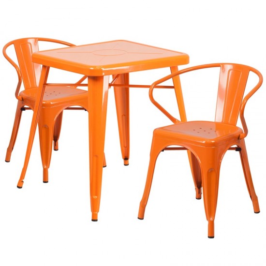 Commercial Grade 23.75" Square Orange Metal Indoor-Outdoor Table Set with 2 Arm Chairs