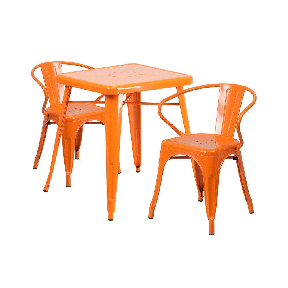 Commercial Grade 23.75" Square Orange Metal Indoor-Outdoor Table Set with 2 Arm Chairs