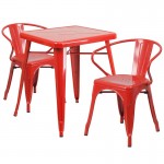 Commercial Grade 23.75" Square Red Metal Indoor-Outdoor Table Set with 2 Arm Chairs