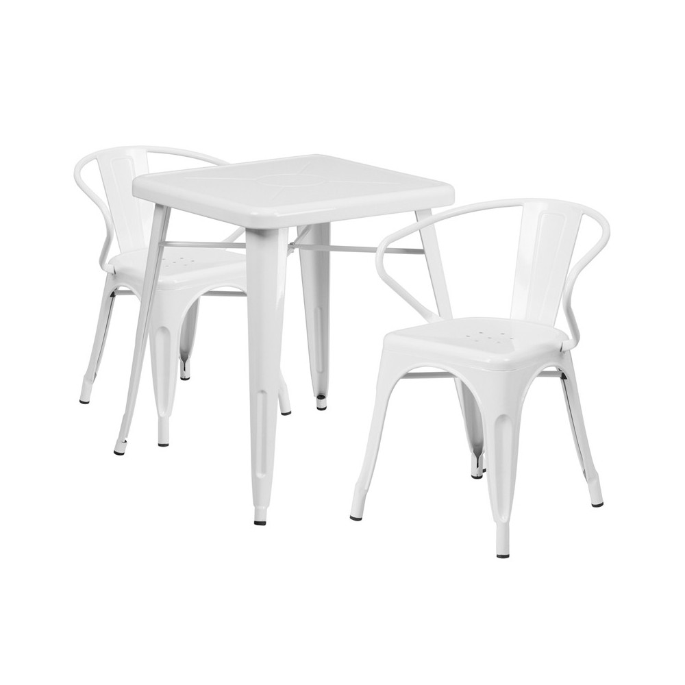 Commercial Grade 23.75" Square White Metal Indoor-Outdoor Table Set with 2 Arm Chairs