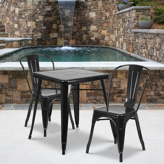 Commercial Grade 23.75" Square Black Metal Indoor-Outdoor Table Set with 2 Stack Chairs