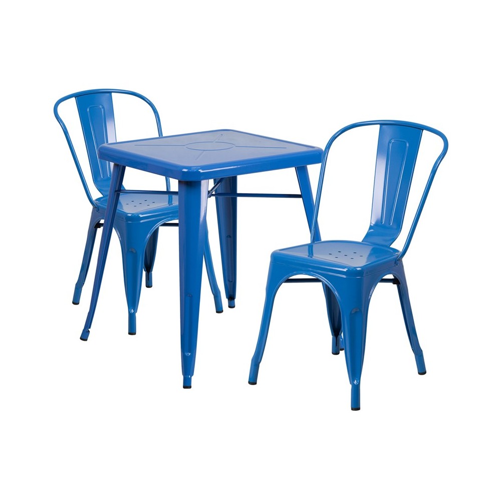 Commercial Grade 23.75" Square Blue Metal Indoor-Outdoor Table Set with 2 Stack Chairs Commercial Grade 23.75" Square Blue Metal Indoor-Outdoor Table Set with 2 Stack Chairs