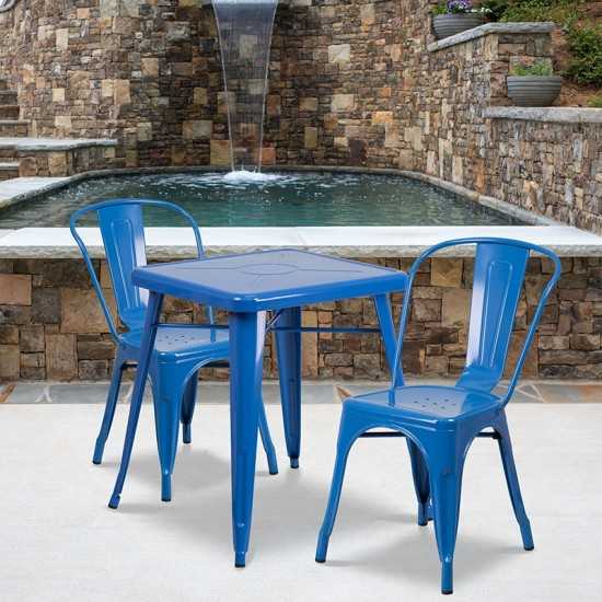 Commercial Grade 23.75" Square Blue Metal Indoor-Outdoor Table Set with 2 Stack Chairs