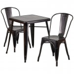 Commercial Grade 23.75" Square Black-Antique Gold Metal Indoor-Outdoor Table Set with 2 Stack Chairs