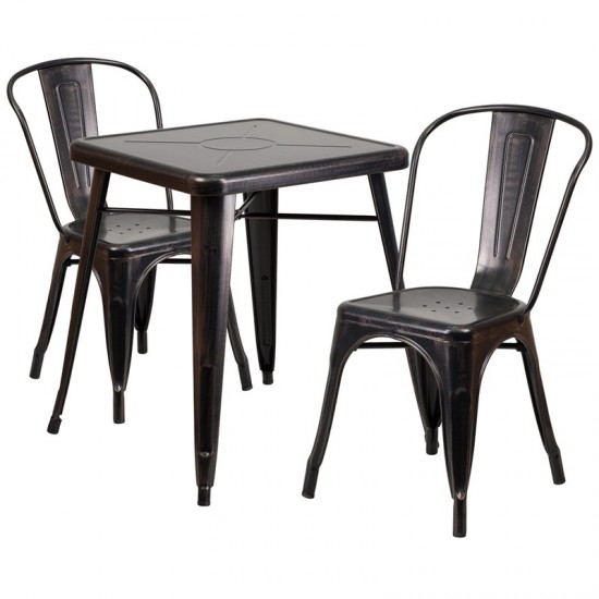 Commercial Grade 23.75" Square Black-Antique Gold Metal Indoor-Outdoor Table Set with 2 Stack Chairs