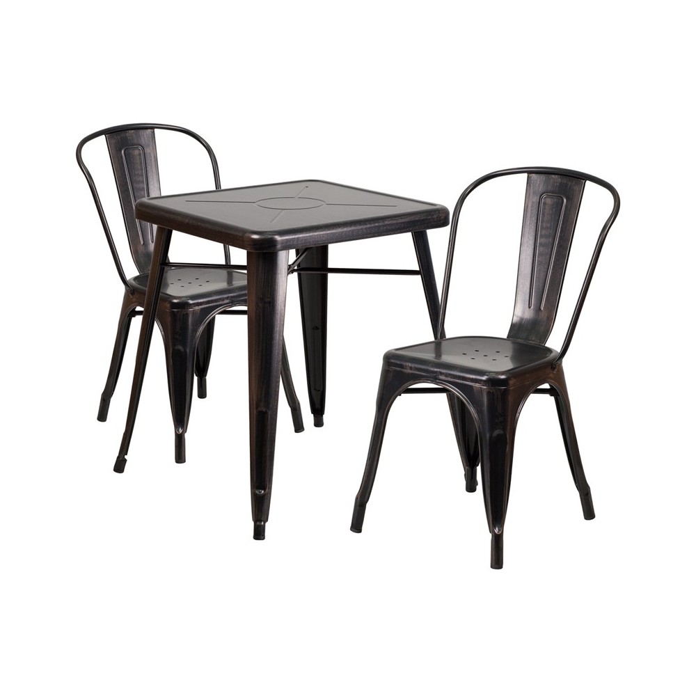 Commercial Grade 23.75" Square Black-Antique Gold Metal Indoor-Outdoor Table Set with 2 Stack Chairs