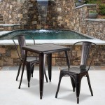 Commercial Grade 23.75" Square Black-Antique Gold Metal Indoor-Outdoor Table Set with 2 Stack Chairs