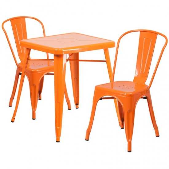 Commercial Grade 23.75" Square Orange Metal Indoor-Outdoor Table Set with 2 Stack Chairs