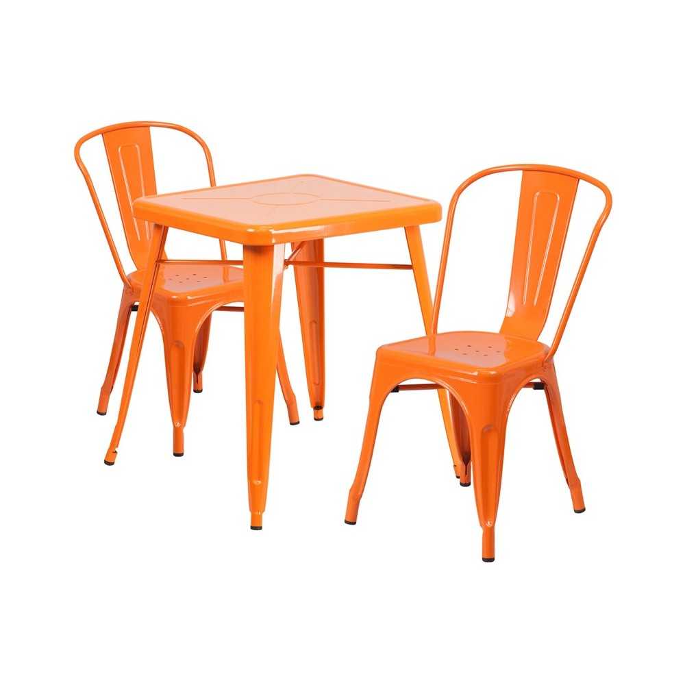 Commercial Grade 23.75" Square Orange Metal Indoor-Outdoor Table Set with 2 Stack Chairs