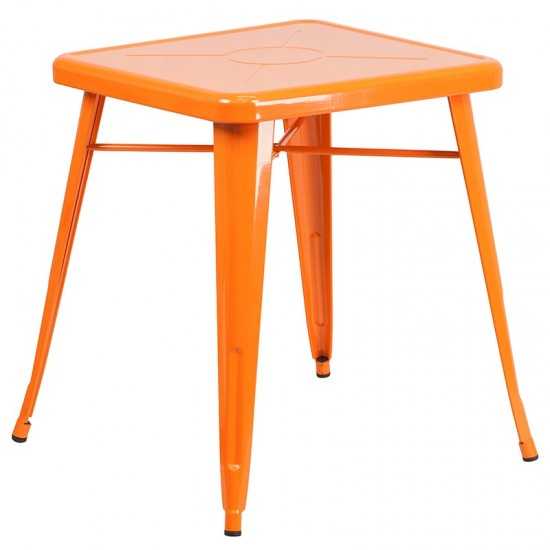 Commercial Grade 23.75" Square Orange Metal Indoor-Outdoor Table Set with 2 Stack Chairs