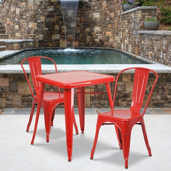 Commercial Grade 23.75" Square Red Metal Indoor-Outdoor Table Set with 2 Stack Chairs