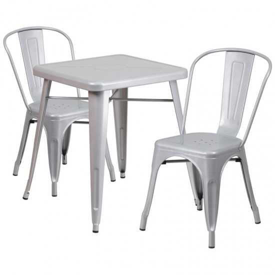 Commercial Grade 23.75" Square Silver Metal Indoor-Outdoor Table Set with 2 Stack Chairs