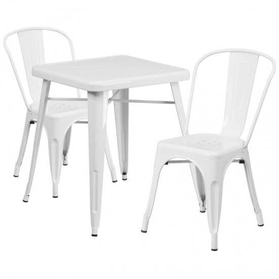 Commercial Grade 23.75" Square White Metal Indoor-Outdoor Table Set with 2 Stack Chairs