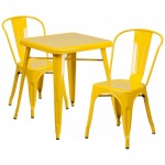 Commercial Grade 23.75" Square Yellow Metal Indoor-Outdoor Table Set with 2 Stack Chairs