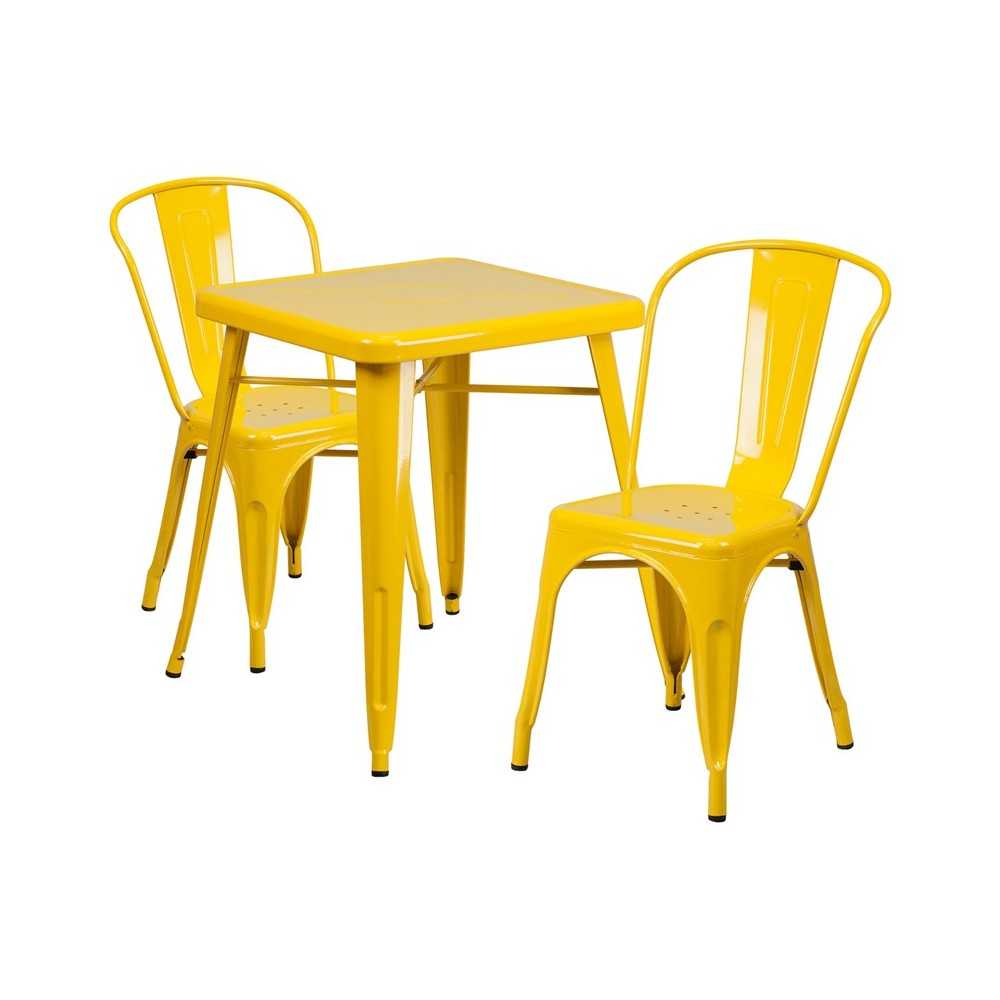 Commercial Grade 23.75" Square Yellow Metal Indoor-Outdoor Table Set with 2 Stack Chairs