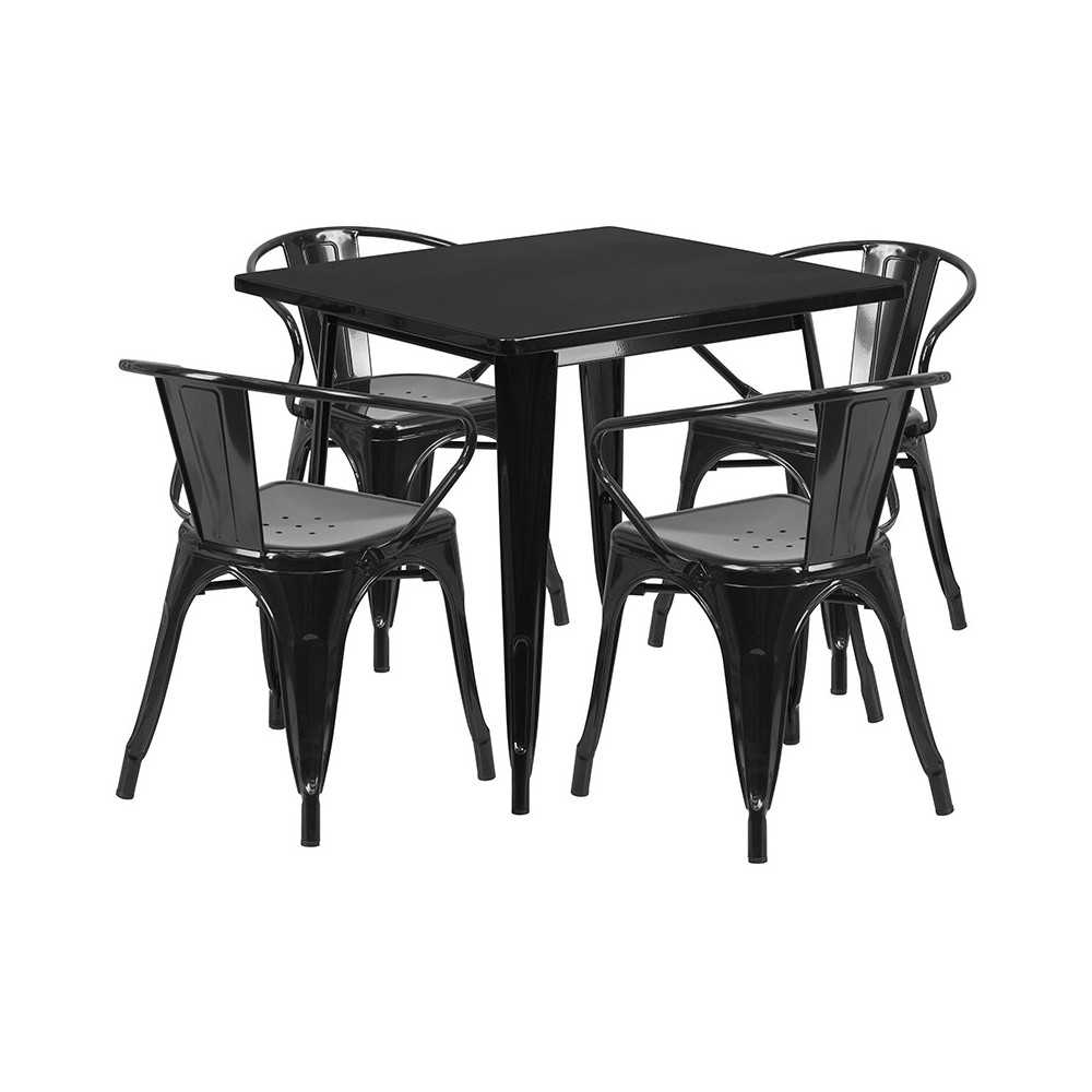 Commercial Grade 31.5" Square Black Metal Indoor-Outdoor Table Set with 4 Arm Chairs Commercial Grade 31.5" Square Black Metal Indoor-Outdoor Table Set with 4 Arm Chairs