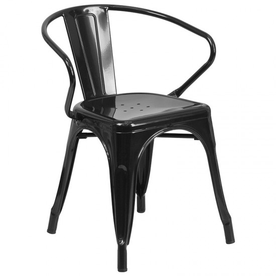 Commercial Grade 31.5" Square Black Metal Indoor-Outdoor Table Set with 4 Arm Chairs