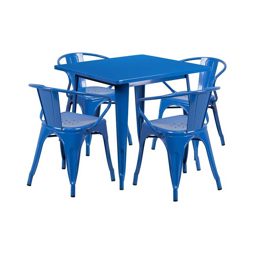 Commercial Grade 31.5" Square Blue Metal Indoor-Outdoor Table Set with 4 Arm Chairs