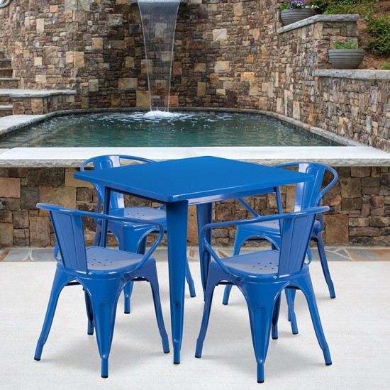 Commercial Grade 31.5" Square Blue Metal Indoor-Outdoor Table Set with 4 Arm Chairs