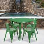 Commercial Grade 31.5" Square Green Metal Indoor-Outdoor Table Set with 4 Arm Chairs