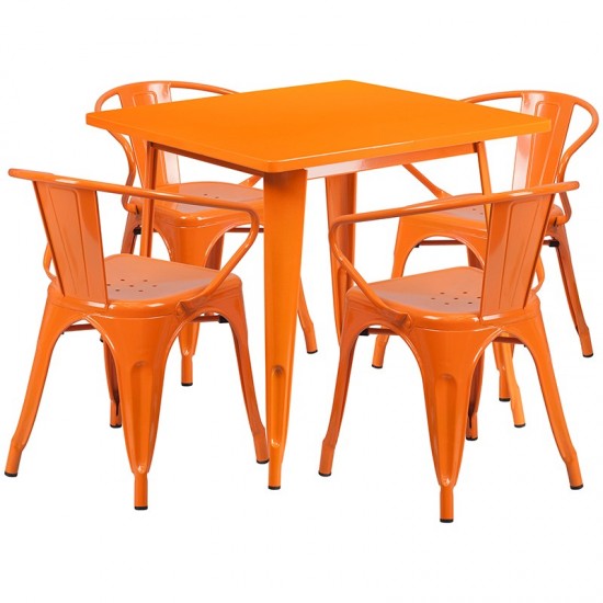 Commercial Grade 31.5" Square Orange Metal Indoor-Outdoor Table Set with 4 Arm Chairs